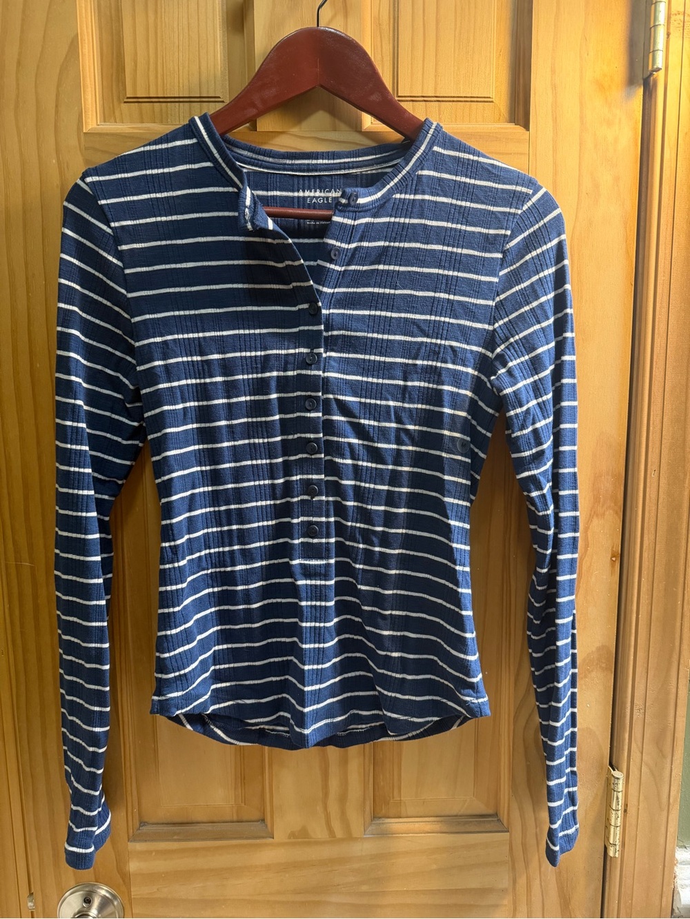 American Eagle Outfitters Navy and White Striped Henley Long Sleeve Top